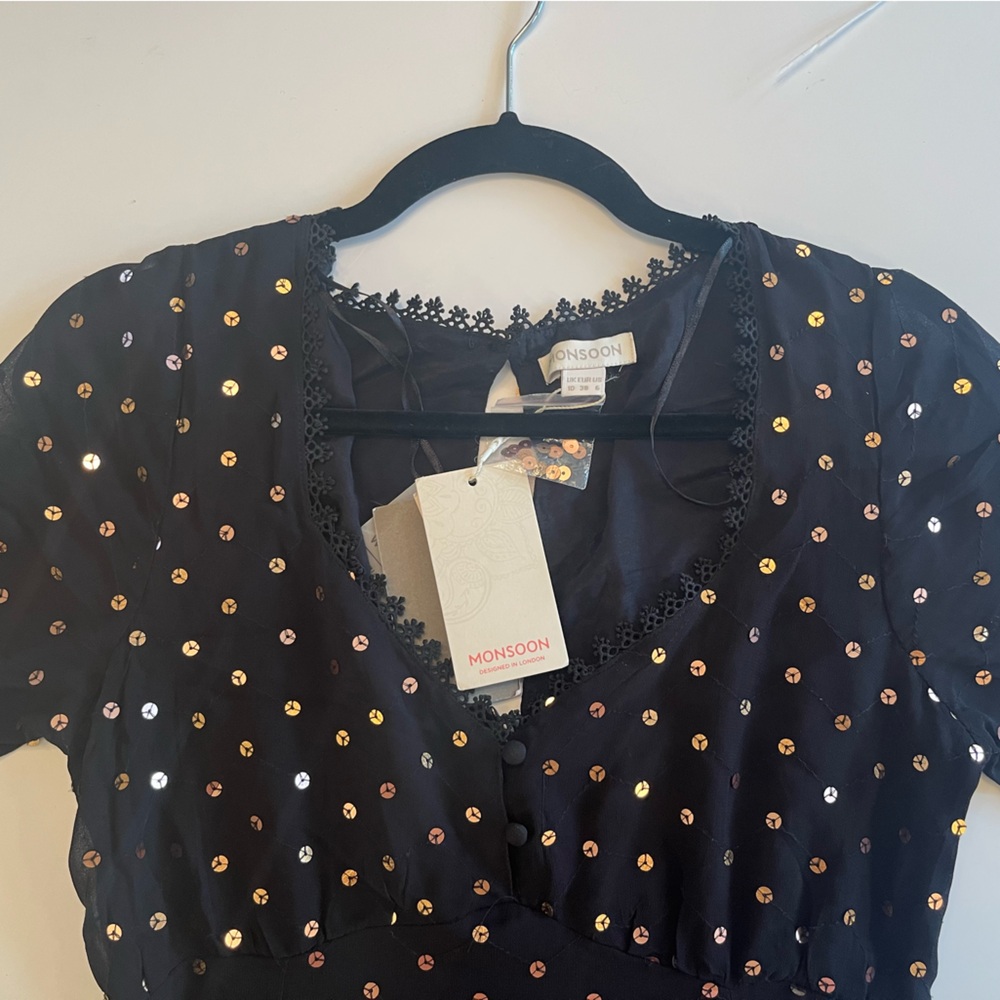 Monsoon Black Midi Dress with Gold sequin and lace detailing - Picture 9 of 9